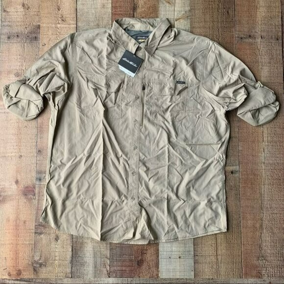 Eddie Bauer men's ripstop guide long sleeve exploration khaki button down shirt - Picture 1 of 9